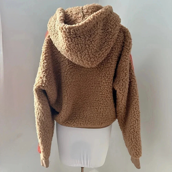 EXPRESS One Eleven Size Small Pullover Hooded Cropped Teddy Fleece Tan Orange - Picture 2 of 3